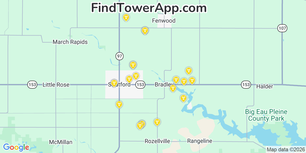 Map showing the 20 primary cell tower locations detected in Cleveland, Wisconsin from AT&T, Verizon, and T-Mobile networks