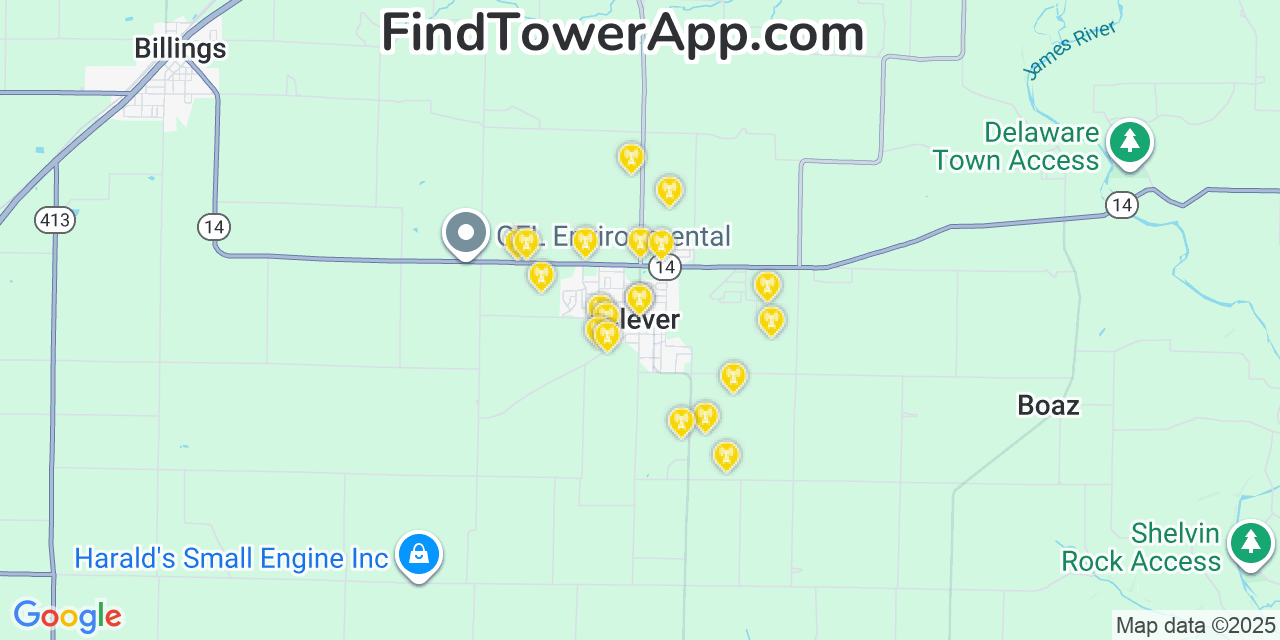 Map showing the 20 primary cell tower locations detected in Clever, Missouri from AT&T, Verizon, and T-Mobile networks