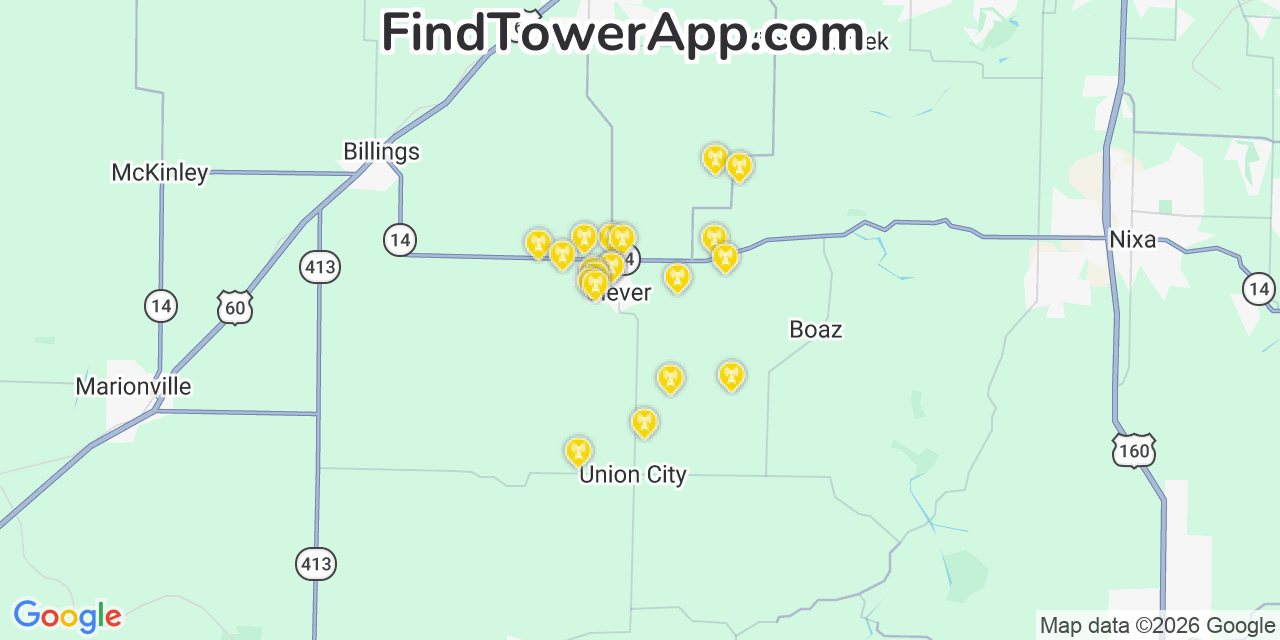 Map showing the 20 primary cell tower locations detected in Clever, Missouri from AT&T, Verizon, and T-Mobile networks