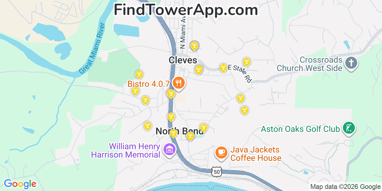 Map showing the 20 primary cell tower locations detected in Cleves, Ohio from AT&T, Verizon, and T-Mobile networks