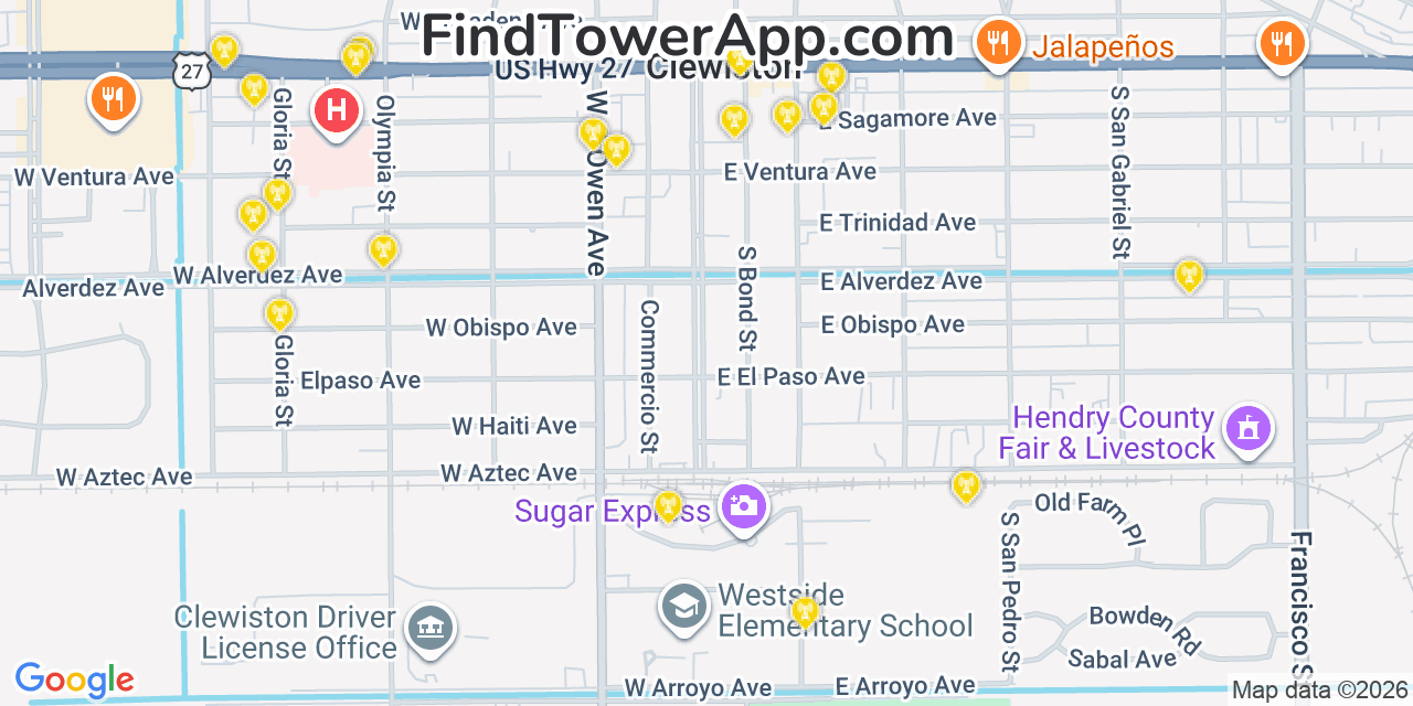 Map showing the 20 primary cell tower locations detected in Clewiston, Florida from AT&T, Verizon, and T-Mobile networks