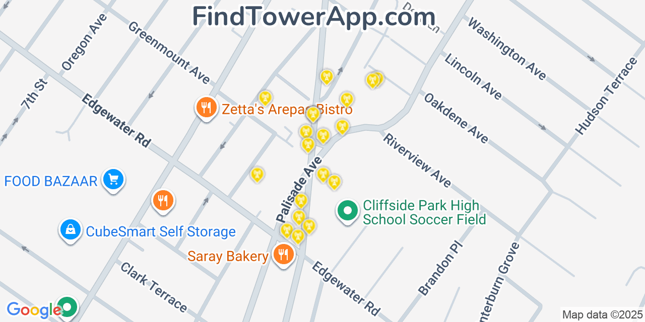 Map showing the 20 primary cell tower locations detected in Cliffside Park, New Jersey from AT&T, Verizon, and T-Mobile networks