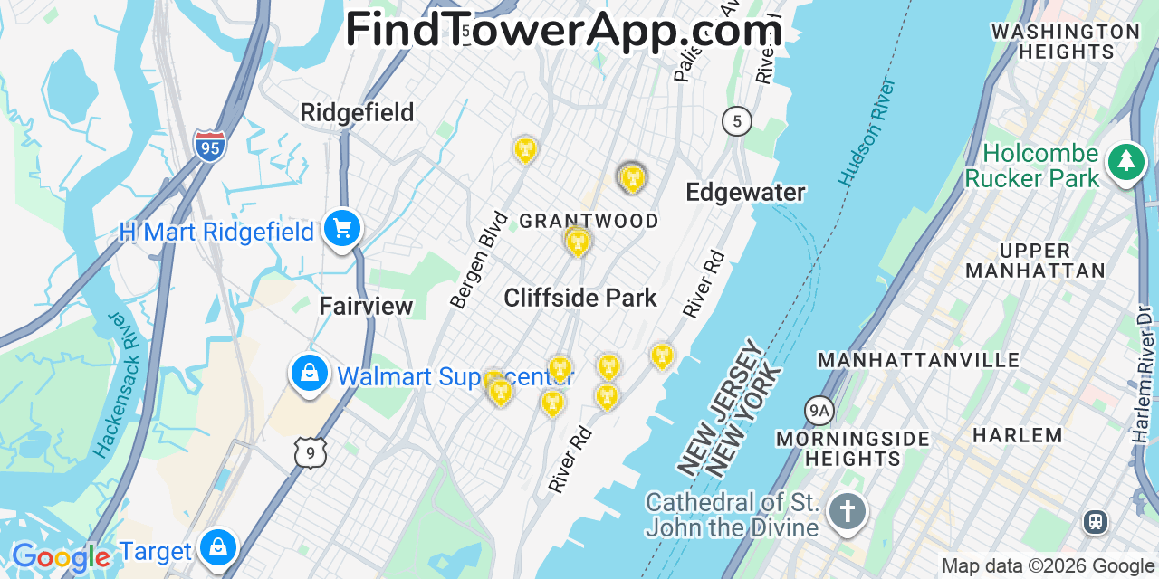 Map showing the 20 primary cell tower locations detected in Cliffside Park, New Jersey from AT&T, Verizon, and T-Mobile networks