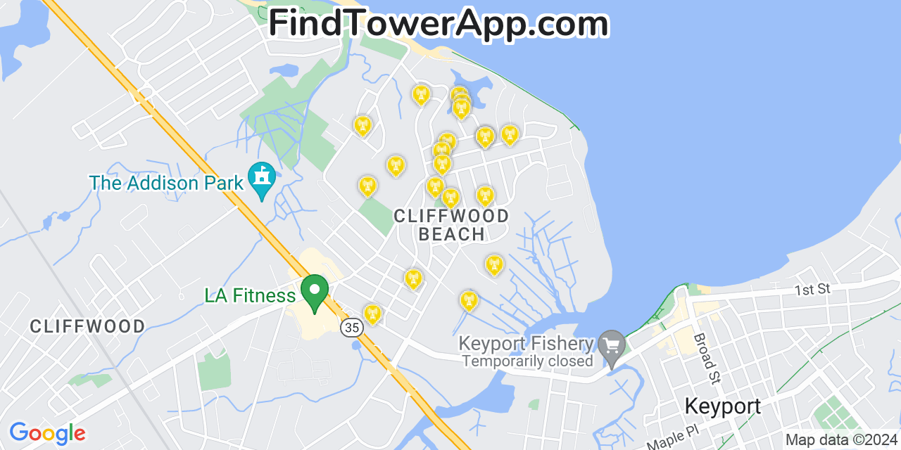 AT&T 4G/5G cell tower coverage map Cliffwood Beach, New Jersey