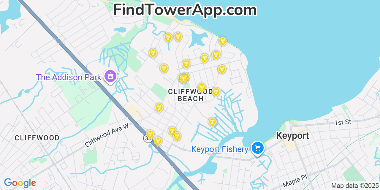 Map showing the 20 primary cell tower locations detected in Cliffwood Beach, New Jersey from AT&T, Verizon, and T-Mobile networks
