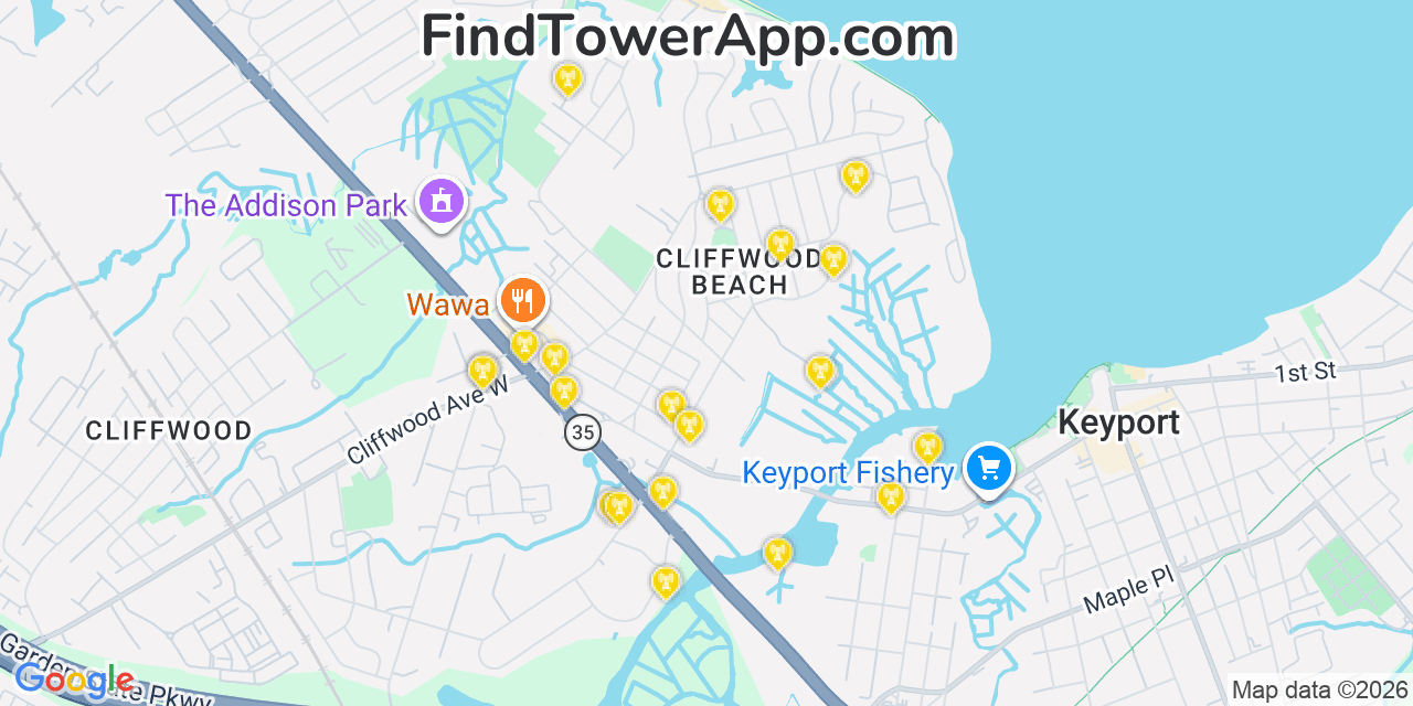 Map showing the 20 primary cell tower locations detected in Cliffwood Beach, New Jersey from AT&T, Verizon, and T-Mobile networks
