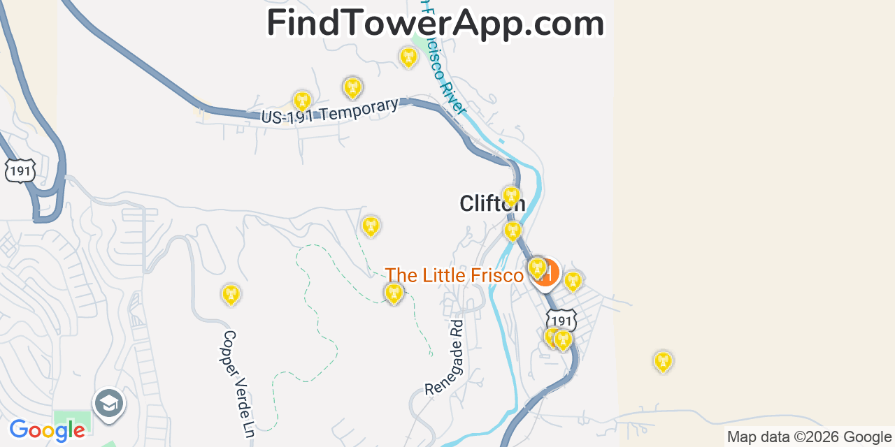 Map showing the 20 primary cell tower locations detected in Clifton, Arizona from AT&T, Verizon, and T-Mobile networks