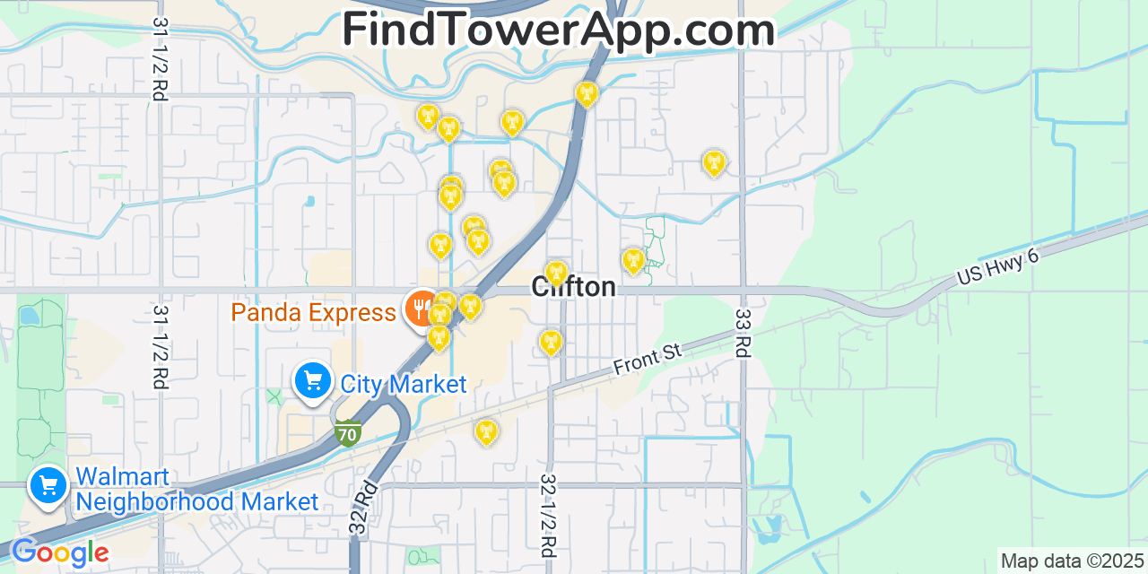 Map showing the 20 primary cell tower locations detected in Clifton, Colorado from AT&T, Verizon, and T-Mobile networks
