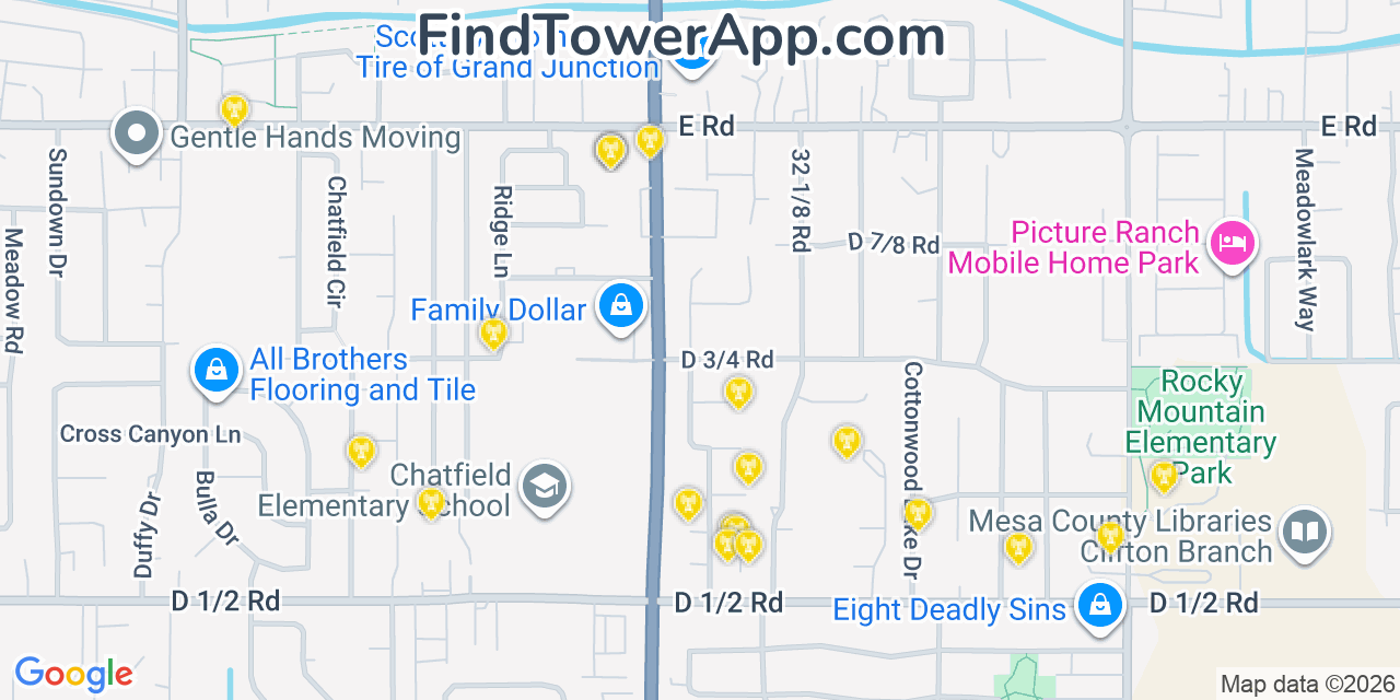 Map showing the 20 primary cell tower locations detected in Clifton, Colorado from AT&T, Verizon, and T-Mobile networks