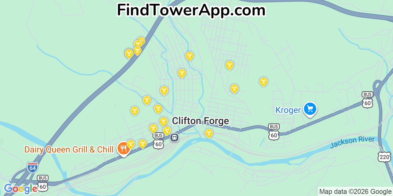 Map showing the 20 primary cell tower locations detected in Clifton Forge, Virginia from AT&T, Verizon, and T-Mobile networks