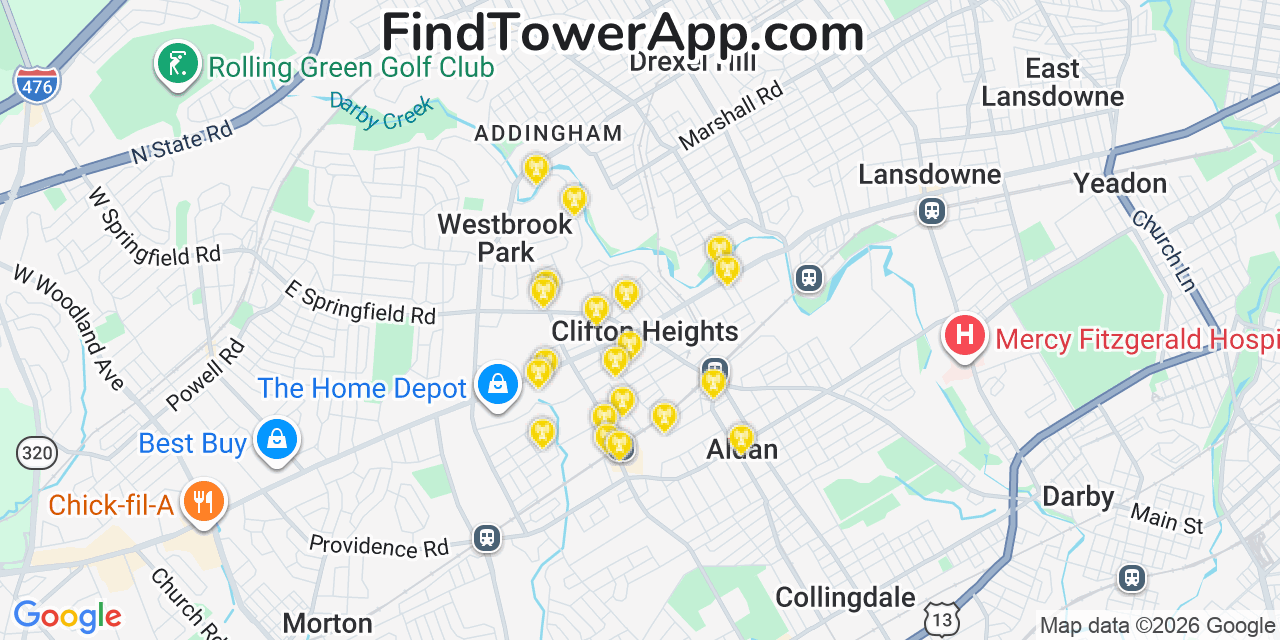 Map showing the 20 primary cell tower locations detected in Clifton Heights, Pennsylvania from AT&T, Verizon, and T-Mobile networks