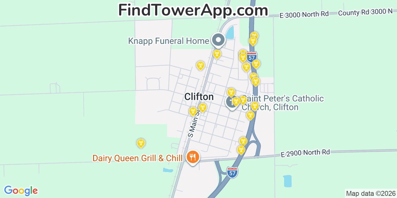 Map showing the 20 primary cell tower locations detected in Clifton, Illinois from AT&T, Verizon, and T-Mobile networks
