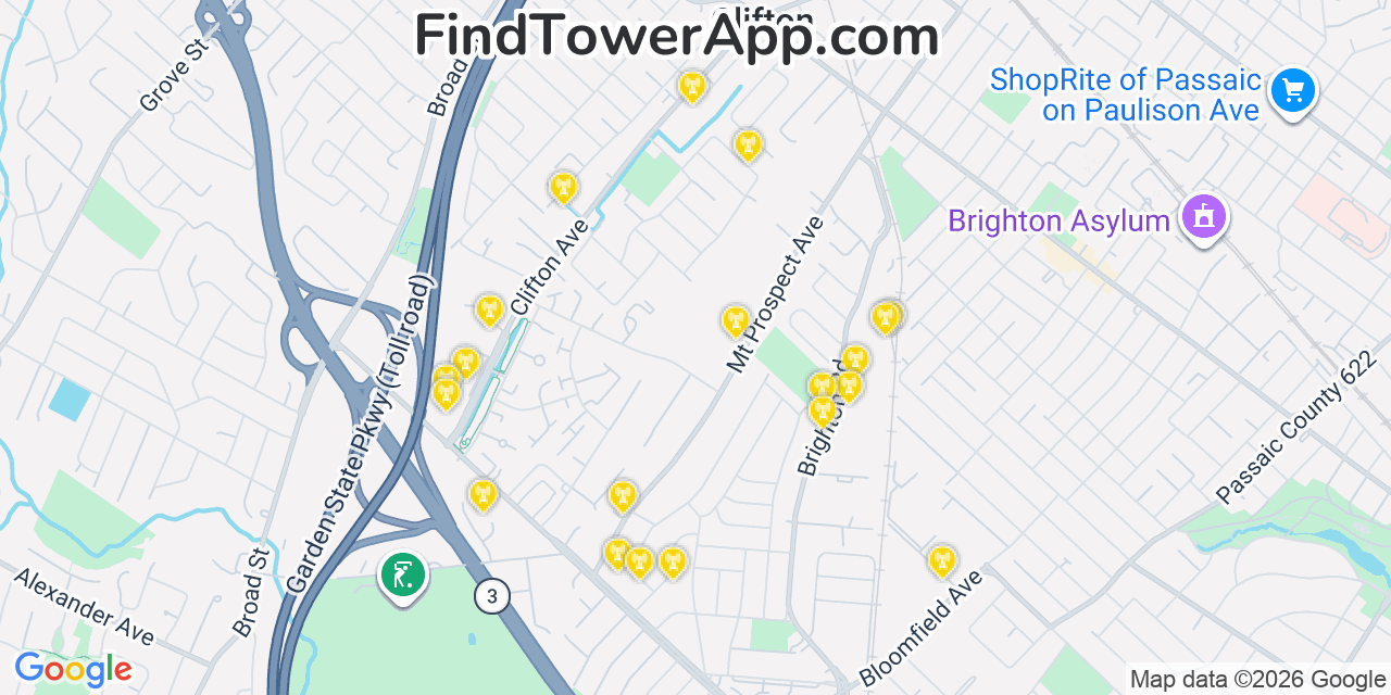 Map showing the 20 primary cell tower locations detected in Clifton, New Jersey from AT&T, Verizon, and T-Mobile networks