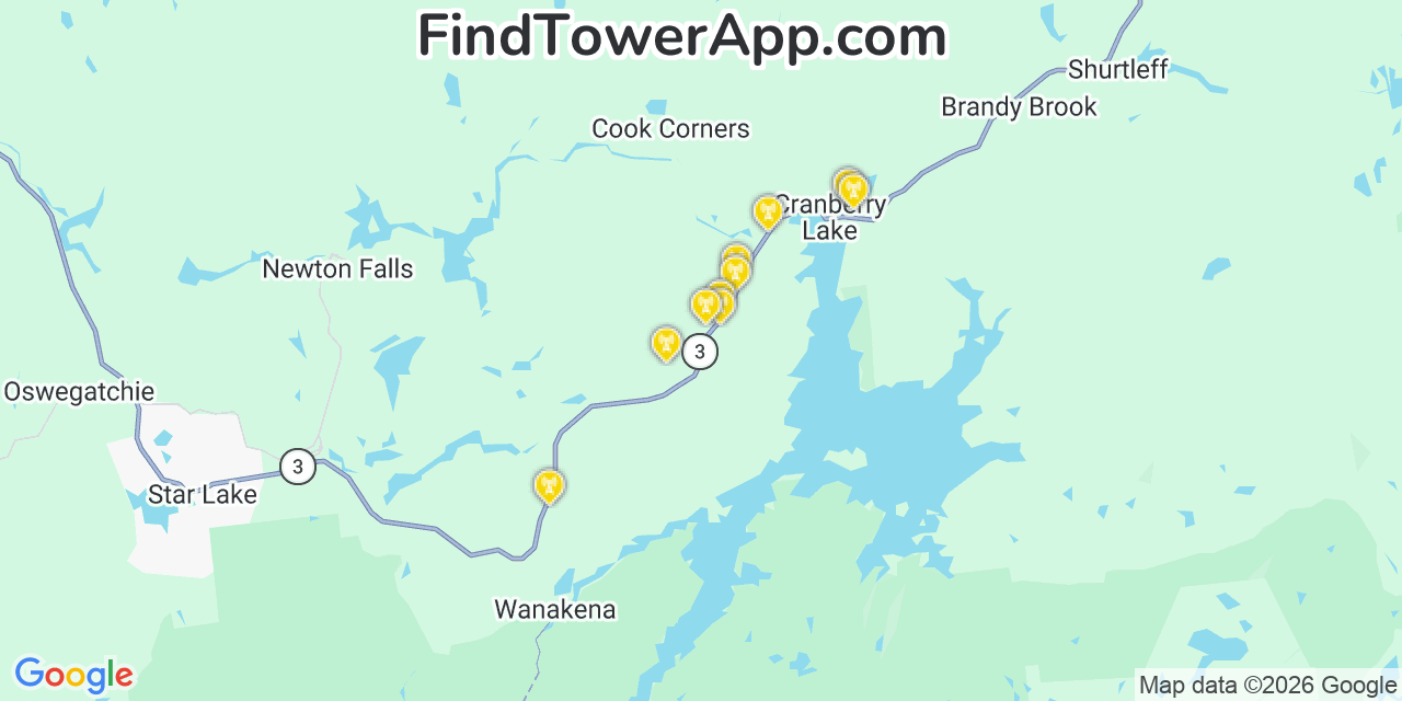 Map showing the 20 primary cell tower locations detected in Clifton, New York from AT&T, Verizon, and T-Mobile networks