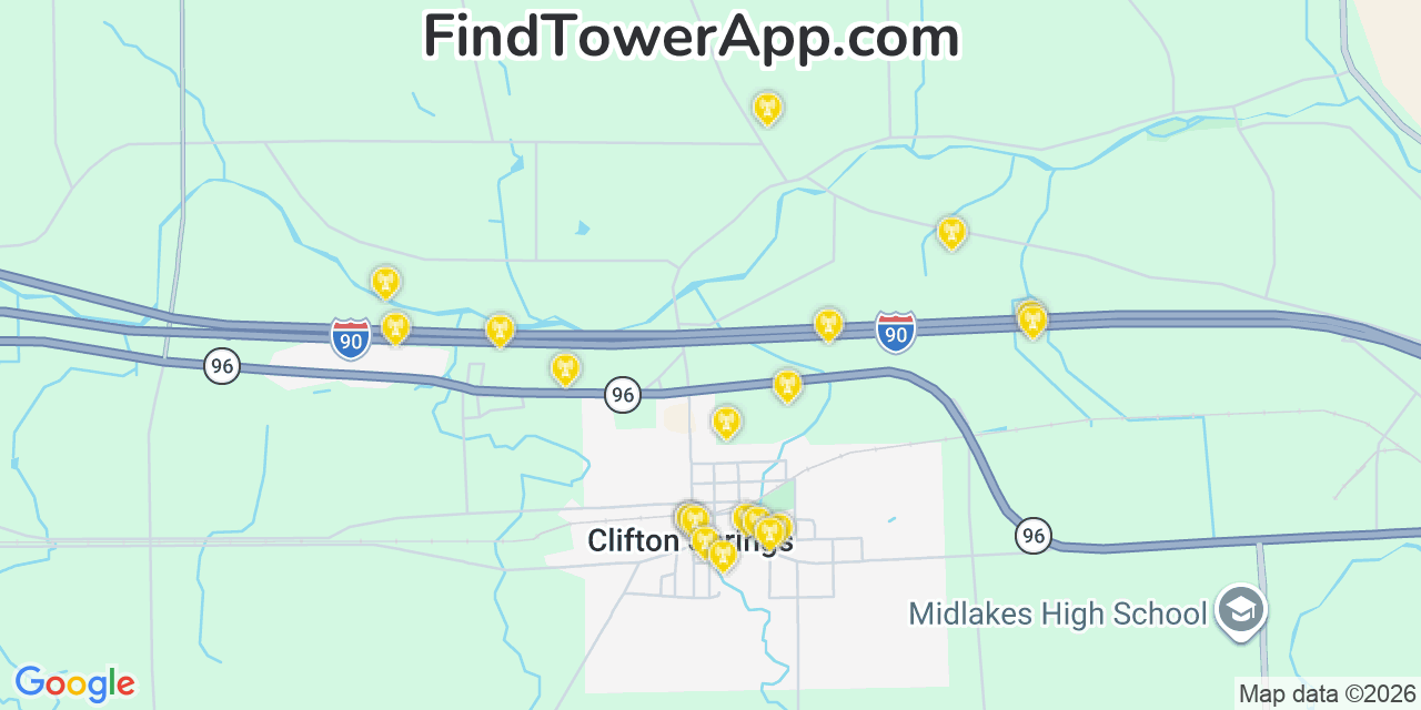 Map showing the 20 primary cell tower locations detected in Clifton Springs, New York from AT&T, Verizon, and T-Mobile networks