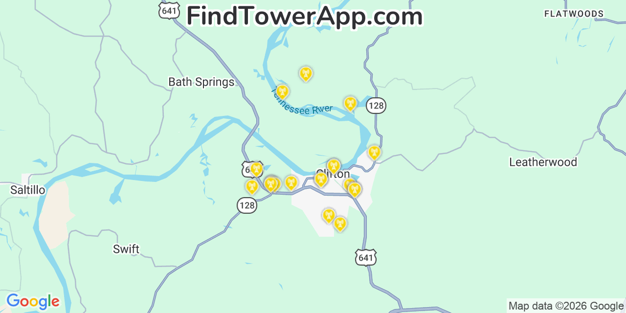 Map showing the 20 primary cell tower locations detected in Clifton, Tennessee from AT&T, Verizon, and T-Mobile networks