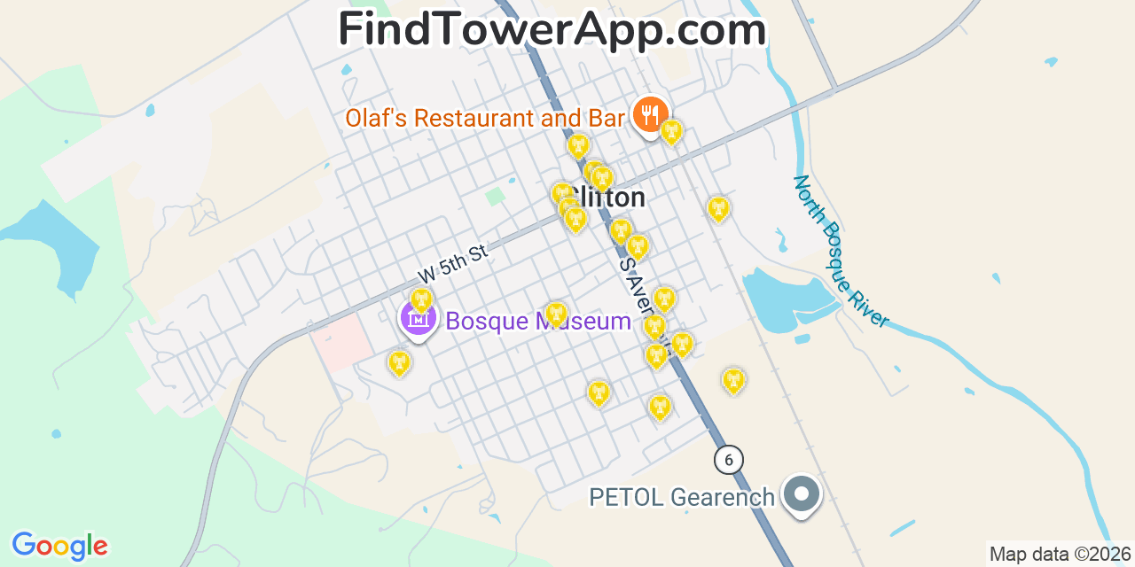 Map showing the 20 primary cell tower locations detected in Clifton, Texas from AT&T, Verizon, and T-Mobile networks