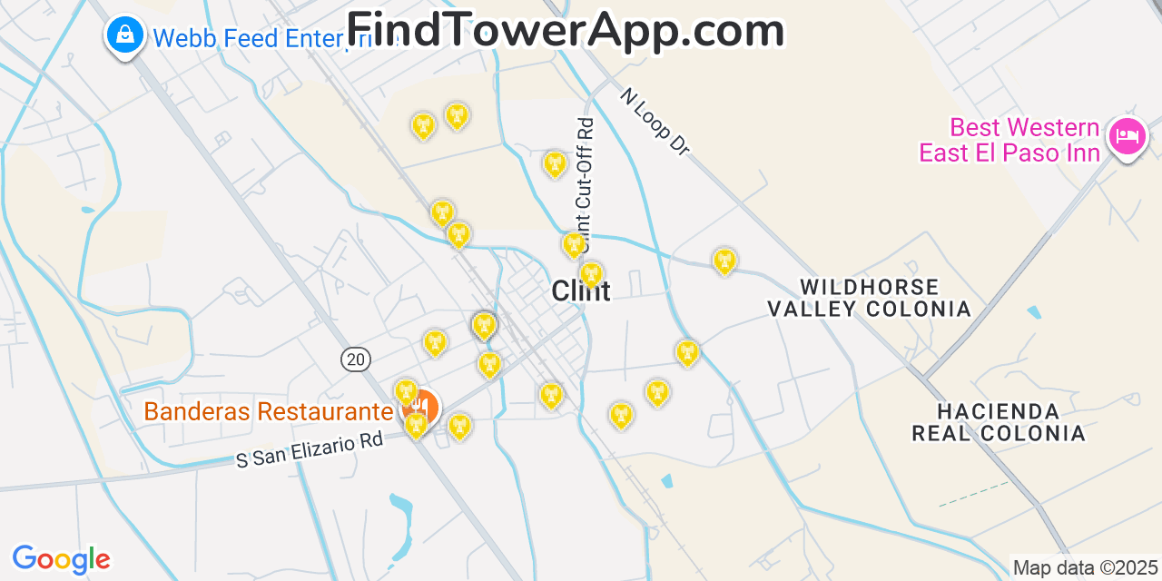 Map showing the 20 primary cell tower locations detected in Clint, Texas from AT&T, Verizon, and T-Mobile networks