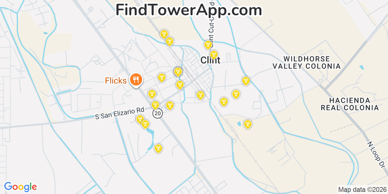 Map showing the 20 primary cell tower locations detected in Clint, Texas from AT&T, Verizon, and T-Mobile networks
