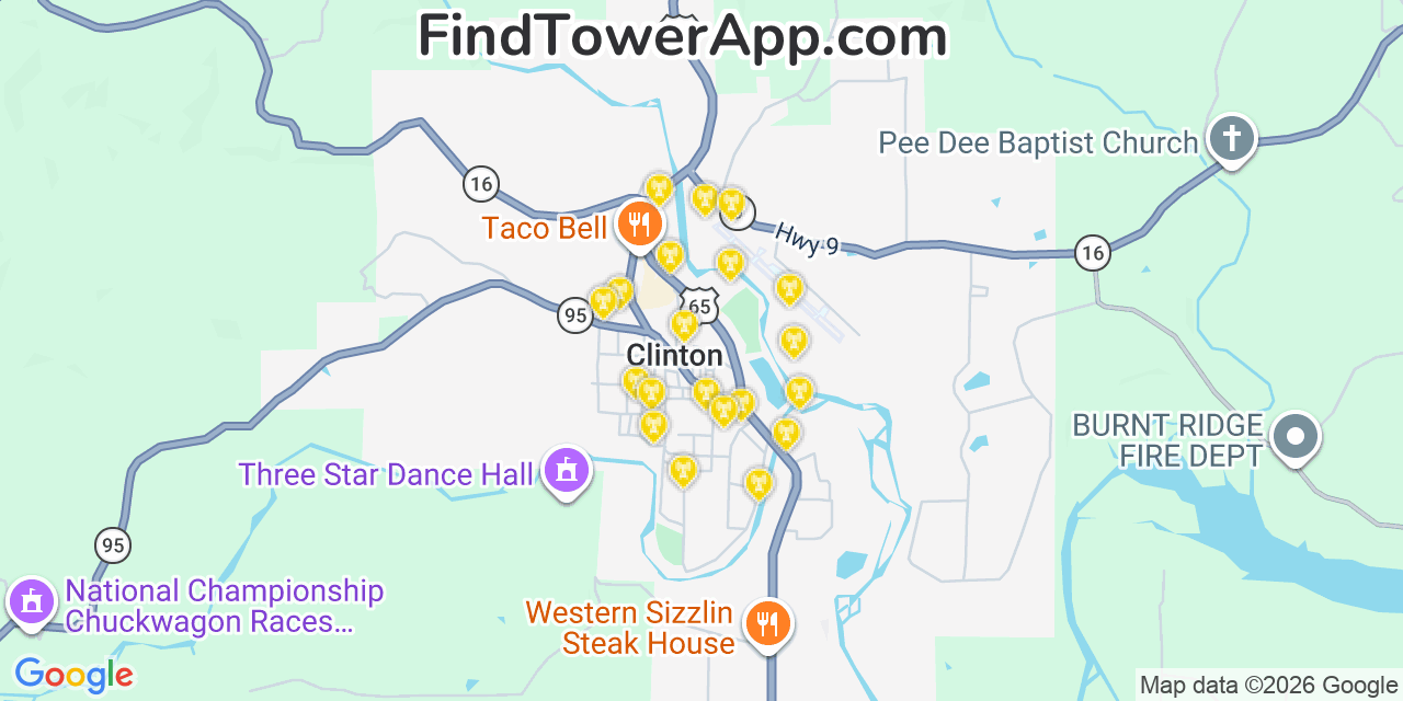 Map showing the 20 primary cell tower locations detected in Clinton, Arkansas from AT&T, Verizon, and T-Mobile networks