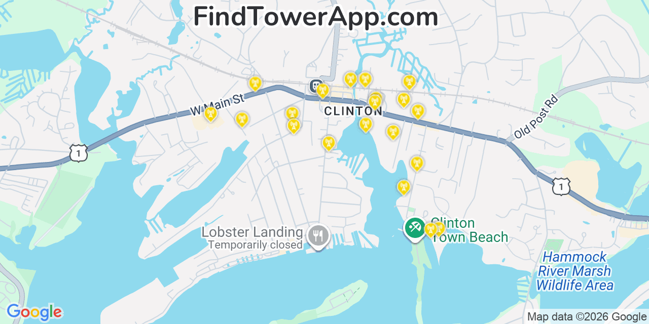 Map showing the 20 primary cell tower locations detected in Clinton, Connecticut from AT&T, Verizon, and T-Mobile networks