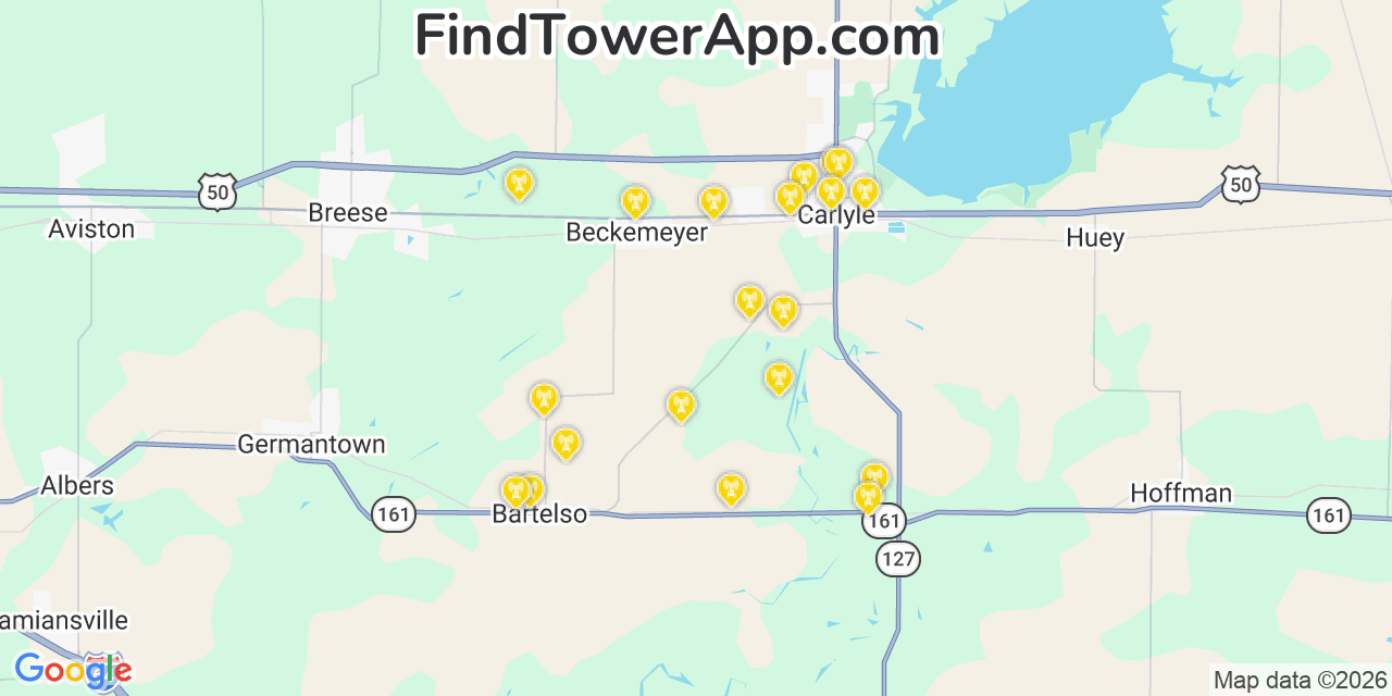 Map showing the 20 primary cell tower locations detected in Clinton, Illinois from AT&T, Verizon, and T-Mobile networks