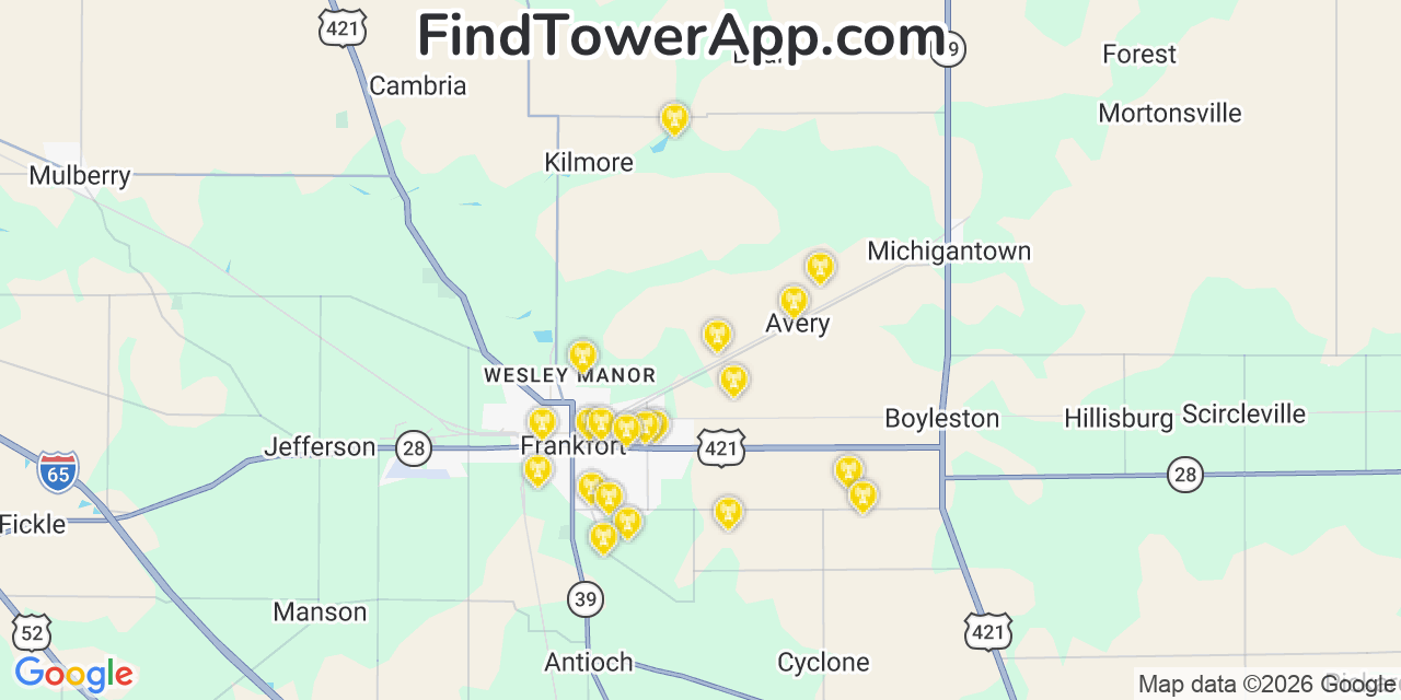 Map showing the 20 primary cell tower locations detected in Clinton, Indiana from AT&T, Verizon, and T-Mobile networks