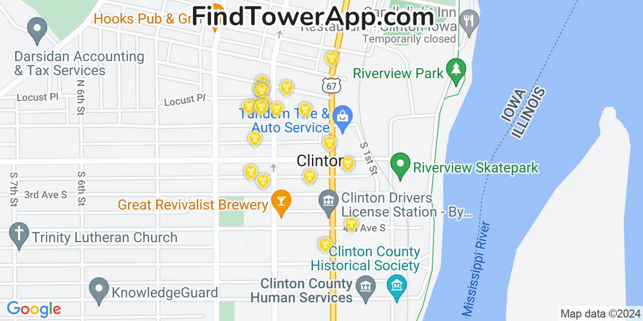 AT&T 4G/5G cell tower coverage map Clinton, Iowa