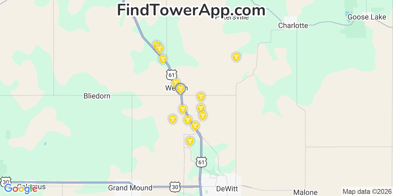 Map showing the 20 primary cell tower locations detected in Clinton, Iowa from AT&T, Verizon, and T-Mobile networks