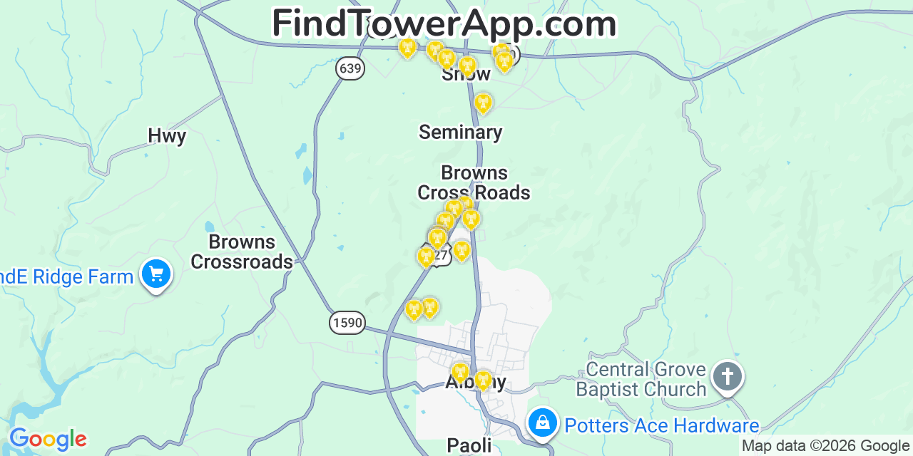 Map showing the 20 primary cell tower locations detected in Clinton, Kentucky from AT&T, Verizon, and T-Mobile networks