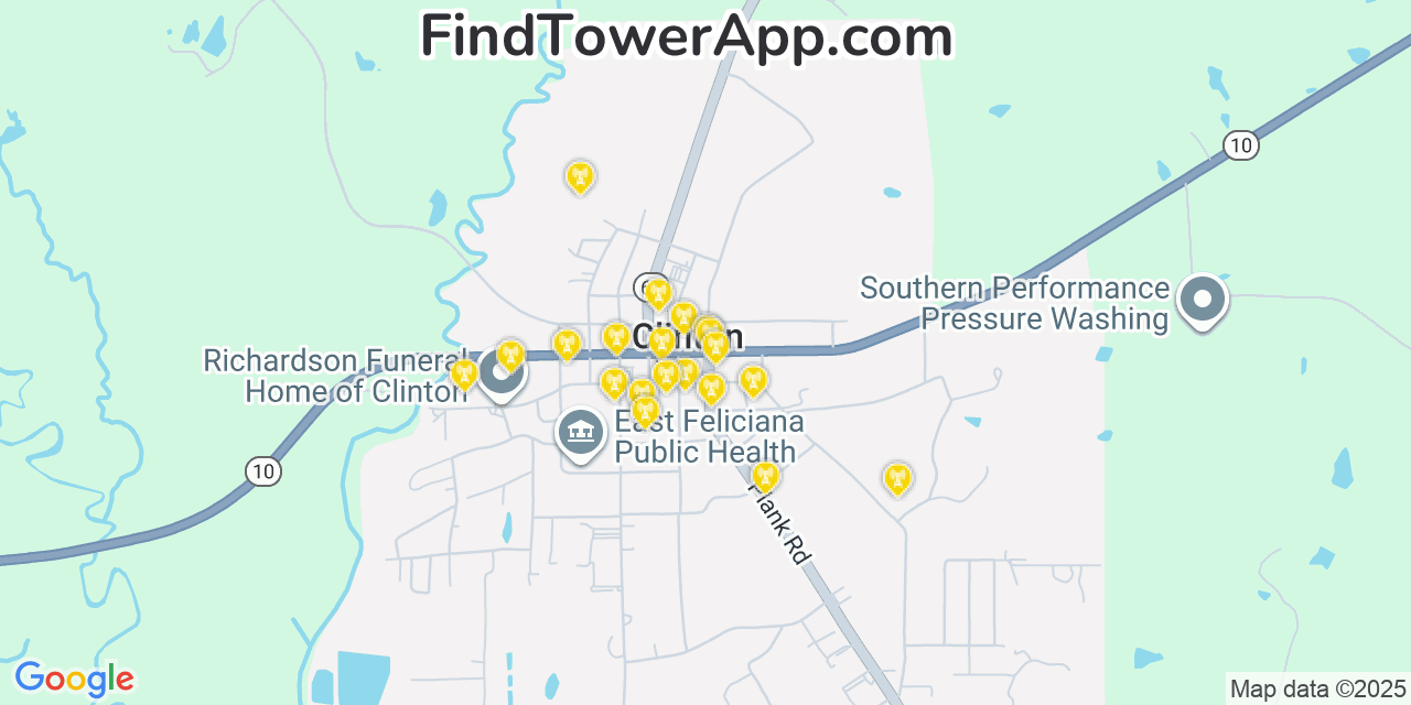 Map showing the 20 primary cell tower locations detected in Clinton, Louisiana from AT&T, Verizon, and T-Mobile networks
