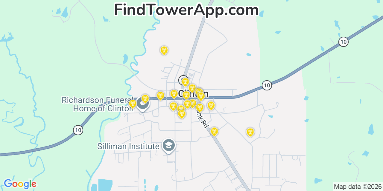 Map showing the 20 primary cell tower locations detected in Clinton, Louisiana from AT&T, Verizon, and T-Mobile networks