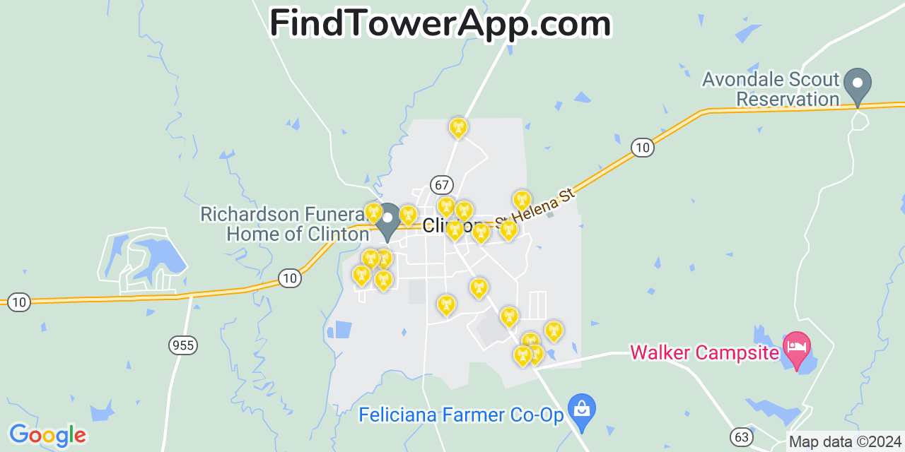 Verizon 4G/5G cell tower coverage map Clinton, Louisiana