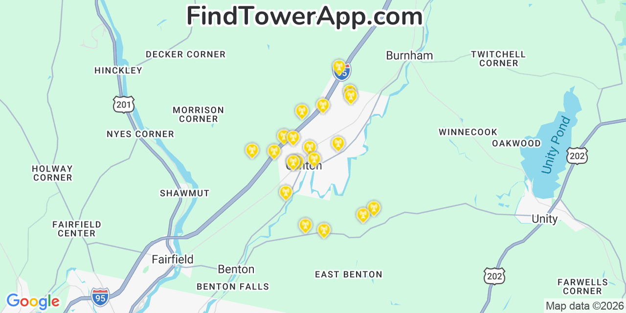 Map showing the 20 primary cell tower locations detected in Clinton, Maine from AT&T, Verizon, and T-Mobile networks