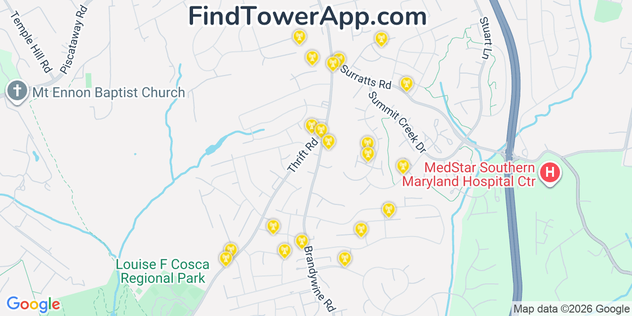 Map showing the 20 primary cell tower locations detected in Clinton, Maryland from AT&T, Verizon, and T-Mobile networks