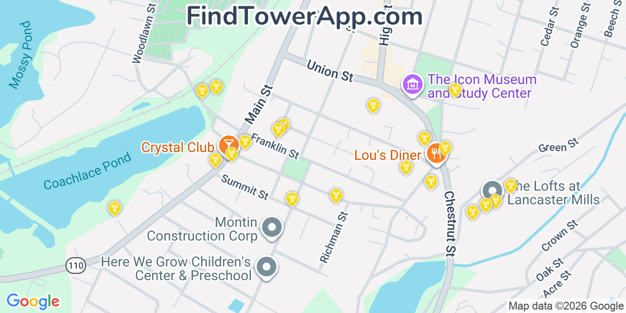 Map showing the 20 primary cell tower locations detected in Clinton, Massachusetts from AT&T, Verizon, and T-Mobile networks