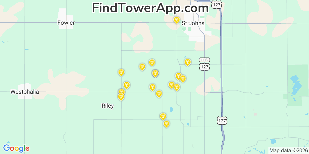 Map showing the 20 primary cell tower locations detected in Clinton, Michigan from AT&T, Verizon, and T-Mobile networks