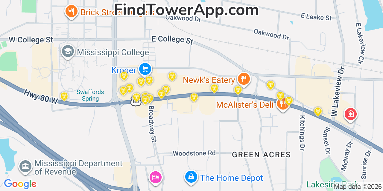 Map showing the 20 primary cell tower locations detected in Clinton, Mississippi from AT&T, Verizon, and T-Mobile networks