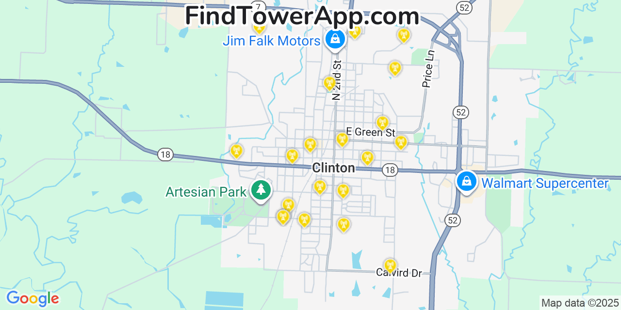 Map showing the 20 primary cell tower locations detected in Clinton, Missouri from AT&T, Verizon, and T-Mobile networks