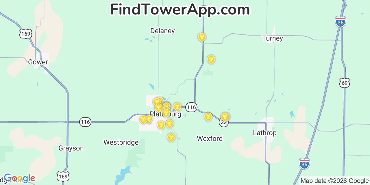 Map showing the 20 primary cell tower locations detected in Clinton, Missouri from AT&T, Verizon, and T-Mobile networks