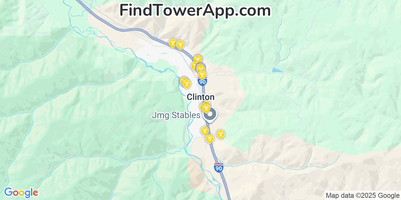 Map showing the 20 primary cell tower locations detected in Clinton, Montana from AT&T, Verizon, and T-Mobile networks