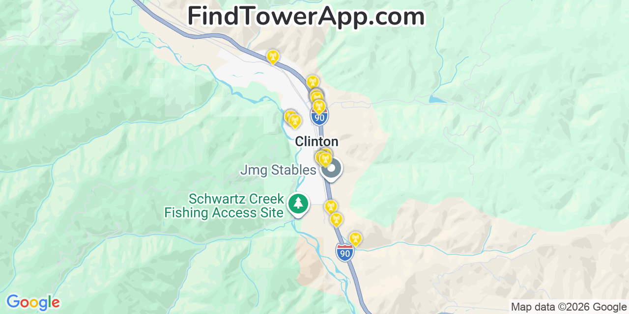 Map showing the 20 primary cell tower locations detected in Clinton, Montana from AT&T, Verizon, and T-Mobile networks