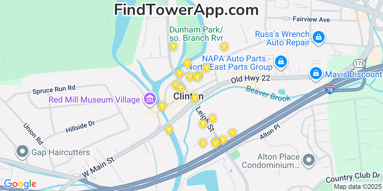 Map showing the 20 primary cell tower locations detected in Clinton, New Jersey from AT&T, Verizon, and T-Mobile networks