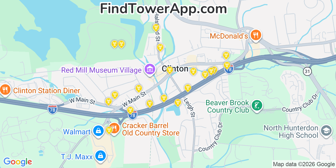 Map showing the 20 primary cell tower locations detected in Clinton, New Jersey from AT&T, Verizon, and T-Mobile networks