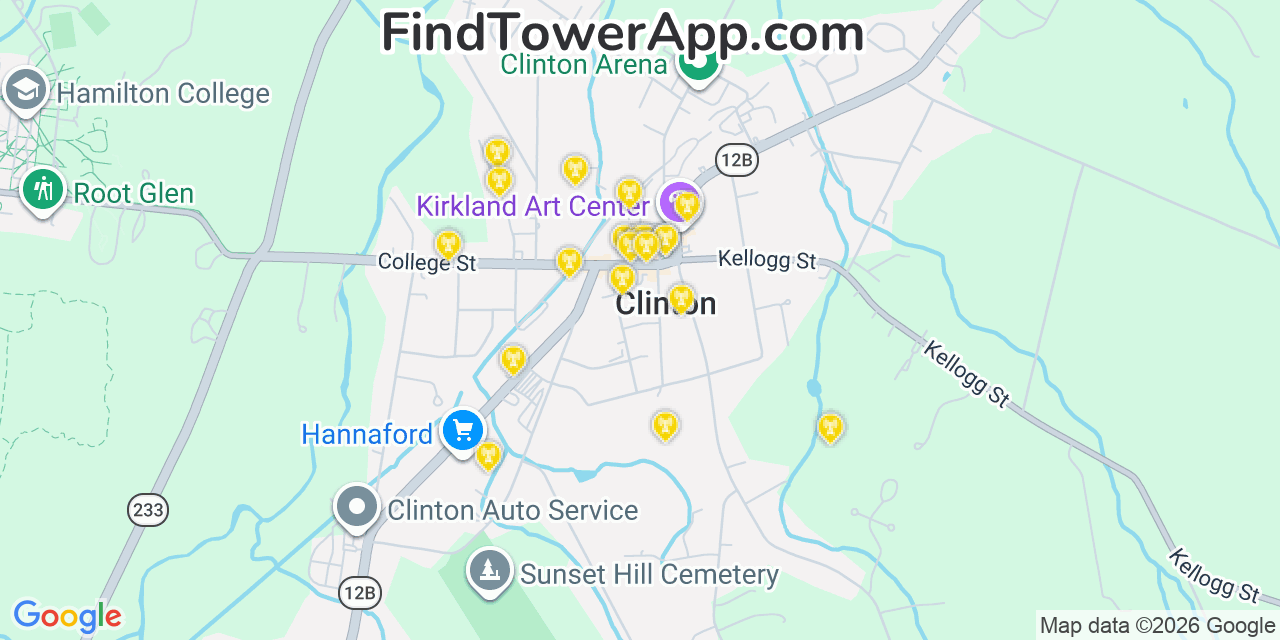 Map showing the 20 primary cell tower locations detected in Clinton, New York from AT&T, Verizon, and T-Mobile networks