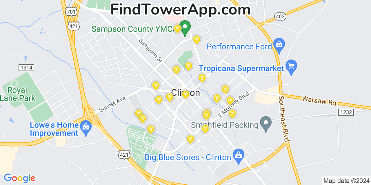 AT&T 4G/5G cell tower coverage map Clinton, North Carolina