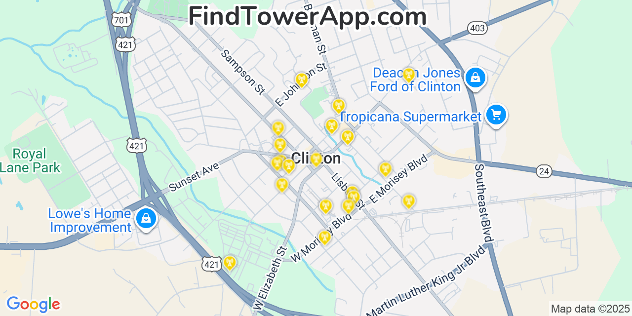 Map showing the 20 primary cell tower locations detected in Clinton, North Carolina from AT&T, Verizon, and T-Mobile networks