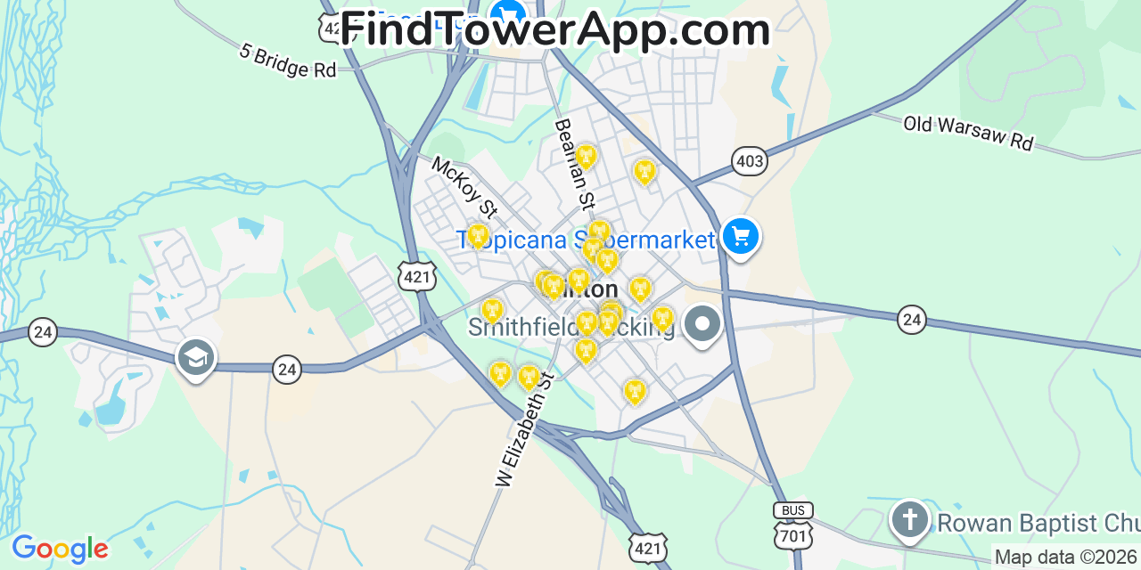 Map showing the 20 primary cell tower locations detected in Clinton, North Carolina from AT&T, Verizon, and T-Mobile networks