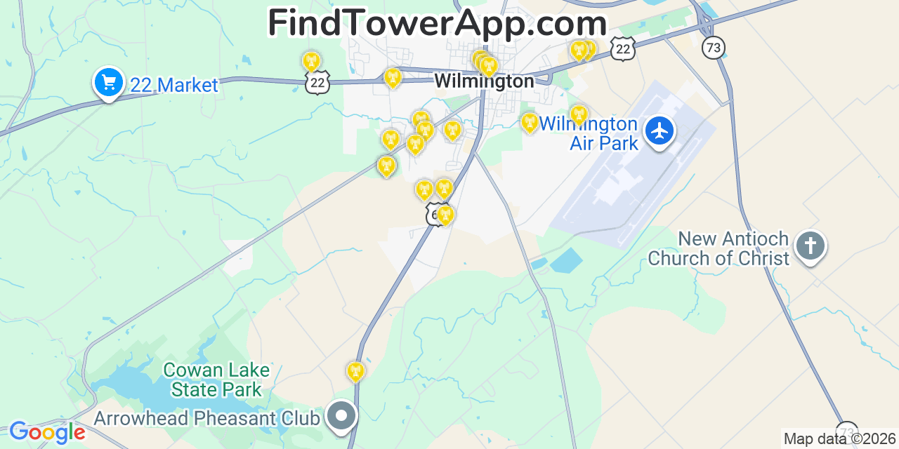 Map showing the 20 primary cell tower locations detected in Clinton, Ohio from AT&T, Verizon, and T-Mobile networks