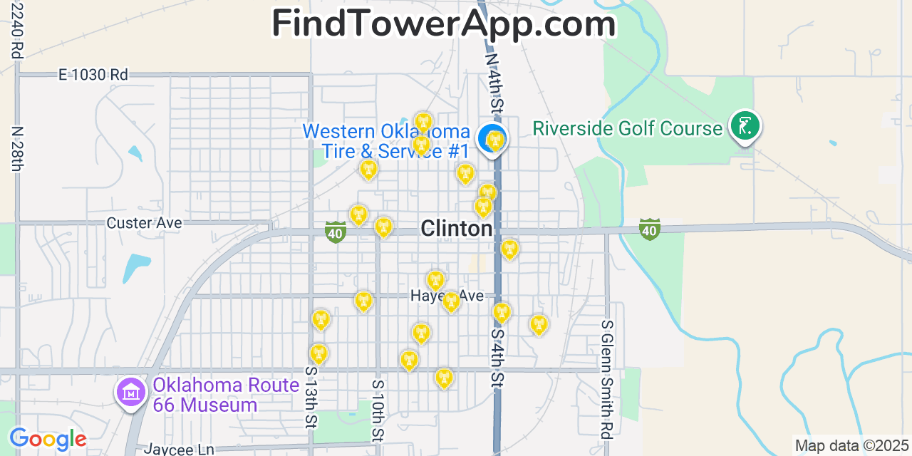 Map showing the 20 primary cell tower locations detected in Clinton, Oklahoma from AT&T, Verizon, and T-Mobile networks